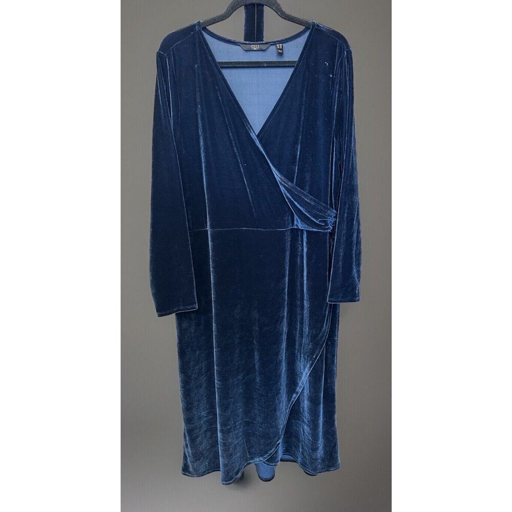 GILI Gorgeous Body Con Navy Velvet Mock Wrap Dress w/ Tie Belt XL NWOT